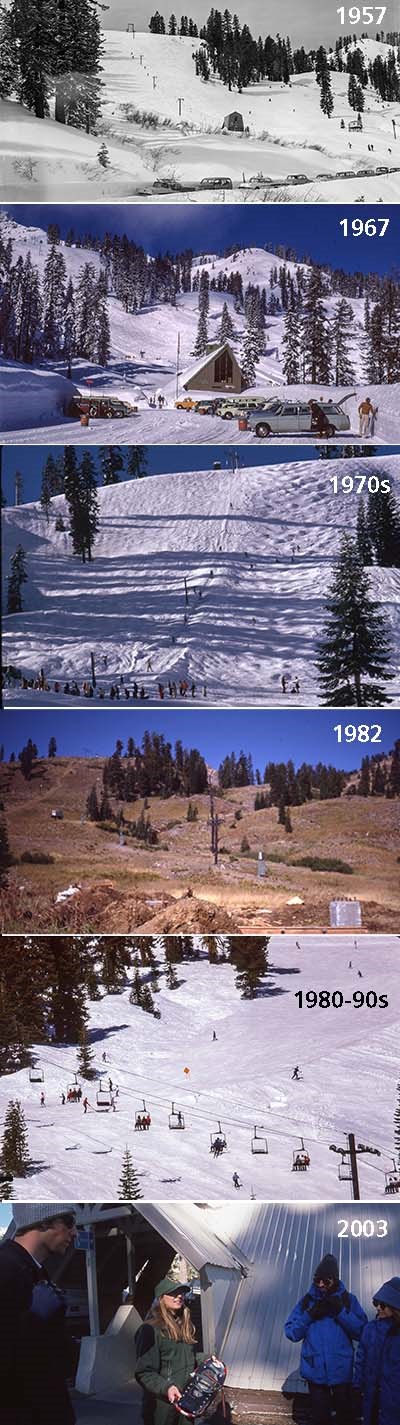 Six stacked images showing a ski area in a national park with a lift and chalet between 1957 and 2003..