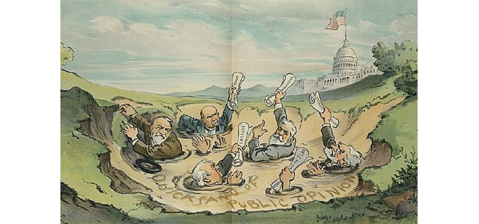 Political Cartoon of male anti-imperiliasts in quick-sand in front of the capitol.