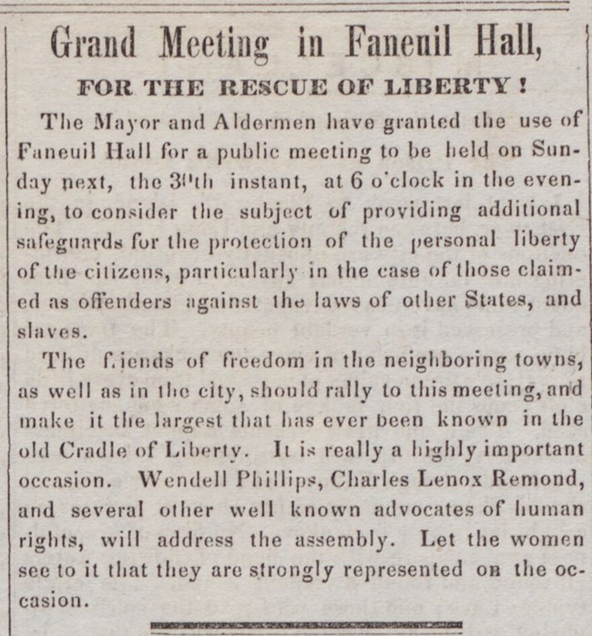 Newspaper clipping giving information about a "Grand meeting in Faneuil Hall" for George Latimer