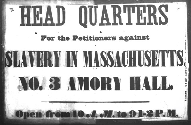Full page newspaper ad with bold lettering for the Headquarters of the antislavery petition in Massachusetts