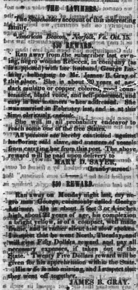 Runaway advertisements in the newspaper mentioning George and Rebecca Latimer