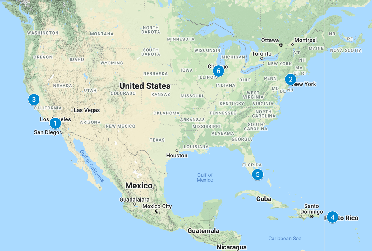 Map of the United States with blue numbered circles in the locations of the places featured in this article.