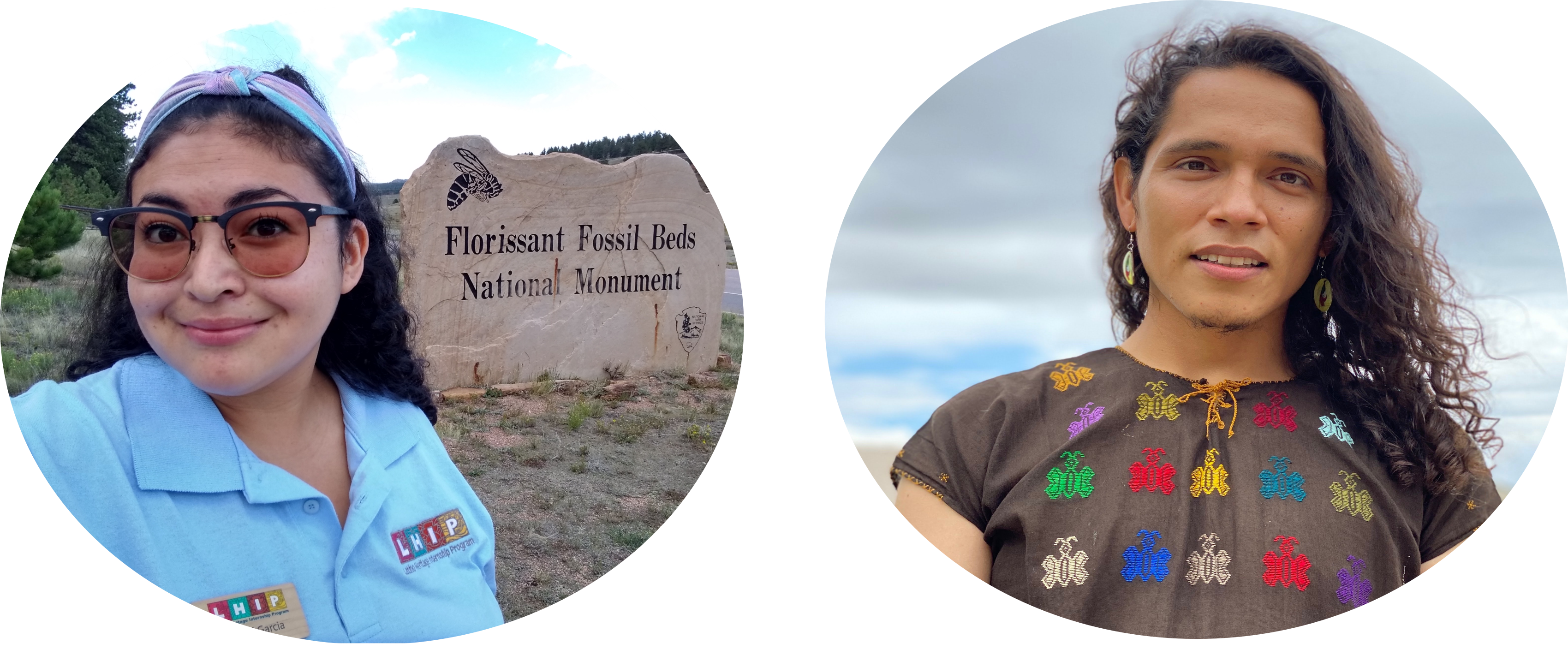 Two young Hispanic people are pictured. On the left is a young woman in a light blue uniform shirt posing in front of the Florissant Fossil Beds sign. On the right is a young man smiling at the camera wearing a black shirt with colorful embroidered bees.