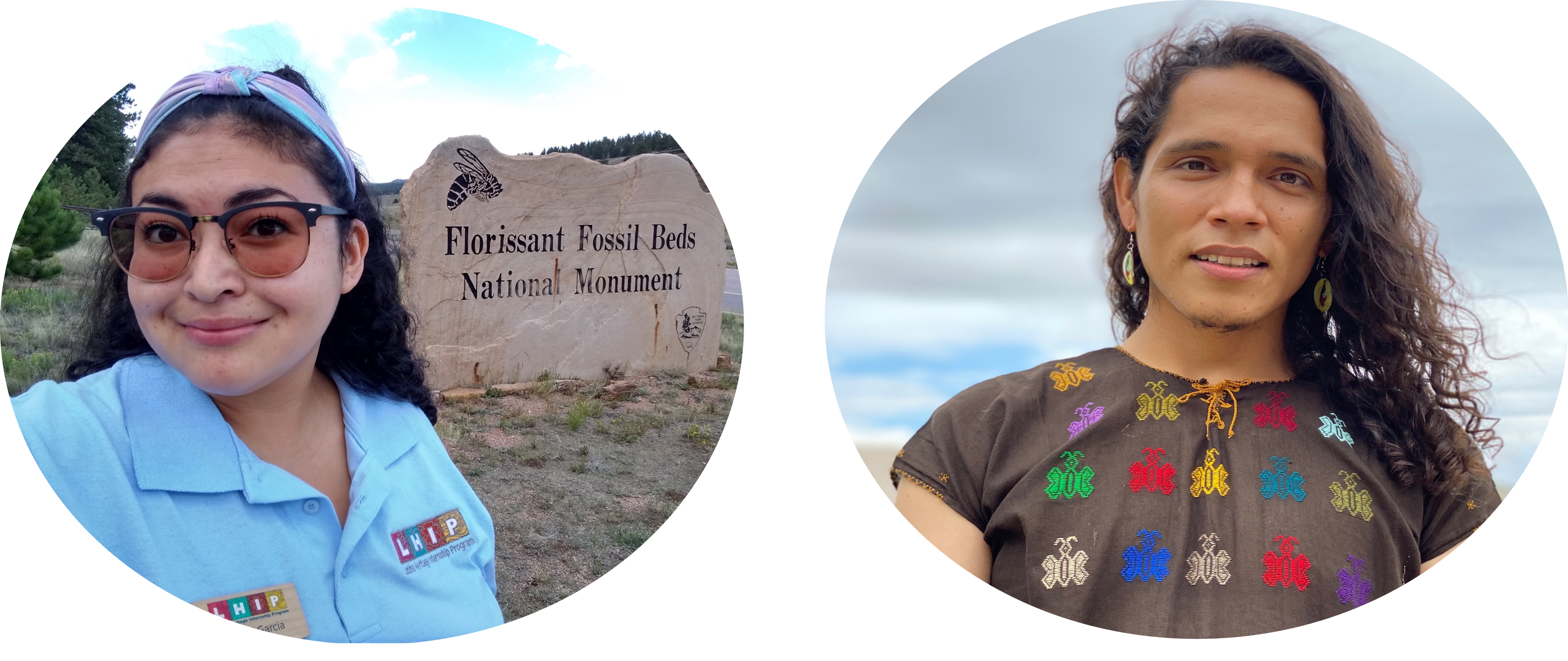Latino Poem Authors: Astrid Garcia and Franklin Cruz Two young Hispanic people are pictured. On the left is a young woman in a light blue uniform shirt posing in front of the Florissant Fossil Beds sign. On the right is a young man smiling at the camera wearing a black shirt with colorful embroidered bees.