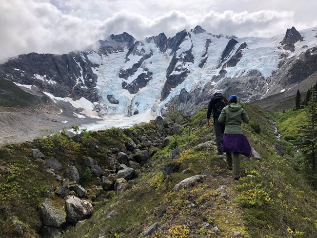 Two people walk towards a glacier in the summer.