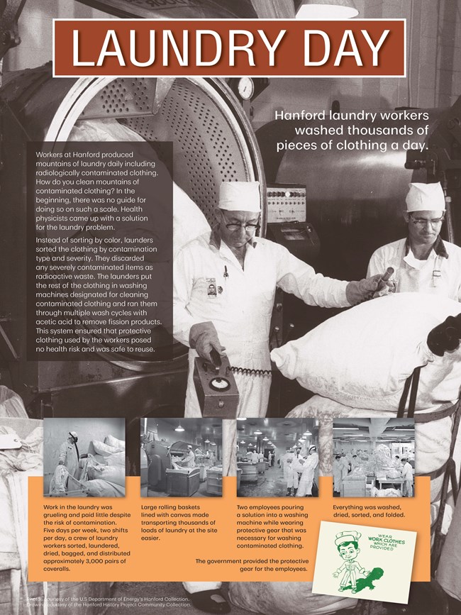 Laundry Day An exhibit panel showing text and people washing and sorting large amounts of protective clothing.