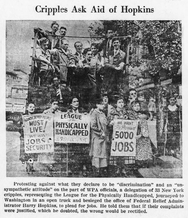 News clipping of protestors standing in and around a truck.