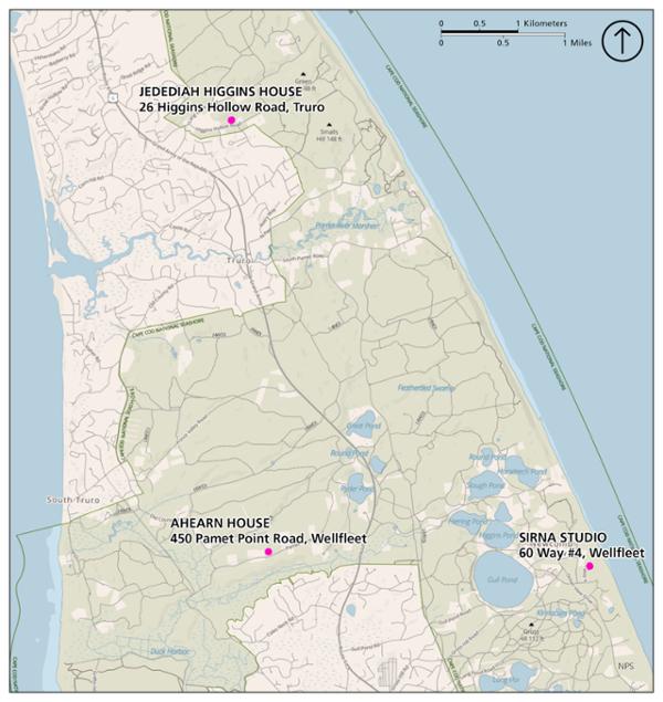 map of wellfleet and truro with 3 points to identify the location of each leased home.