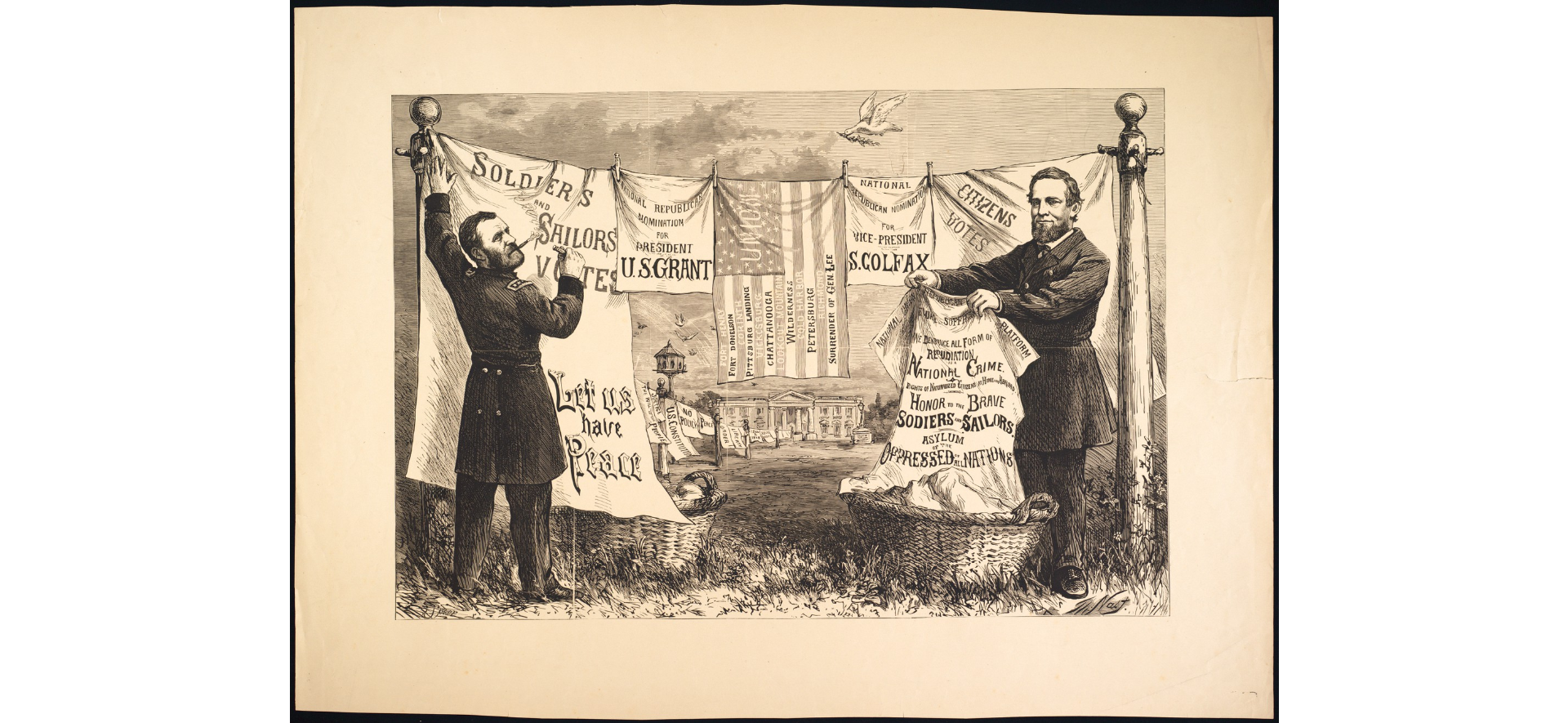 Two bearded men hanging laundry promoting the candidacy of Ulysses S. Grant as president in 1868.
