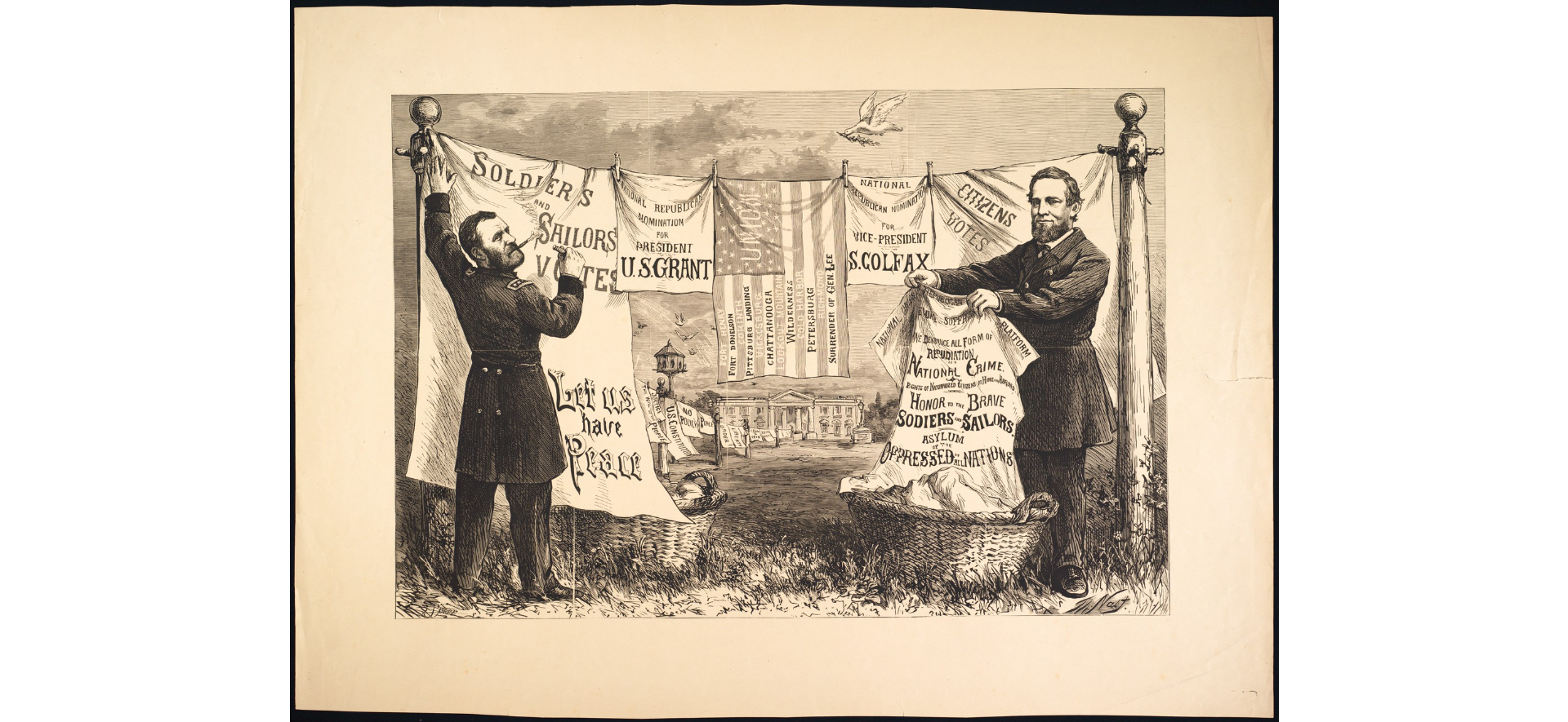 Let Us Have Peace - Thomas Nast 1868 Two bearded men hanging laundry promoting the candidacy of Ulysses S. Grant as president in 1868.