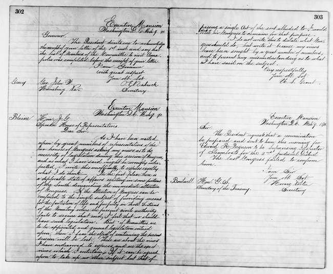 President Grant Letter to Blaine March 9, 1871 Handwritten letter from President Ulysses S. Grant to Speaker James G. Blaine dated March 9, 1871.