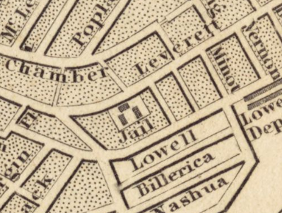 Close up of a map of Boston with focus on Leverett Street and a small square labelled jail.