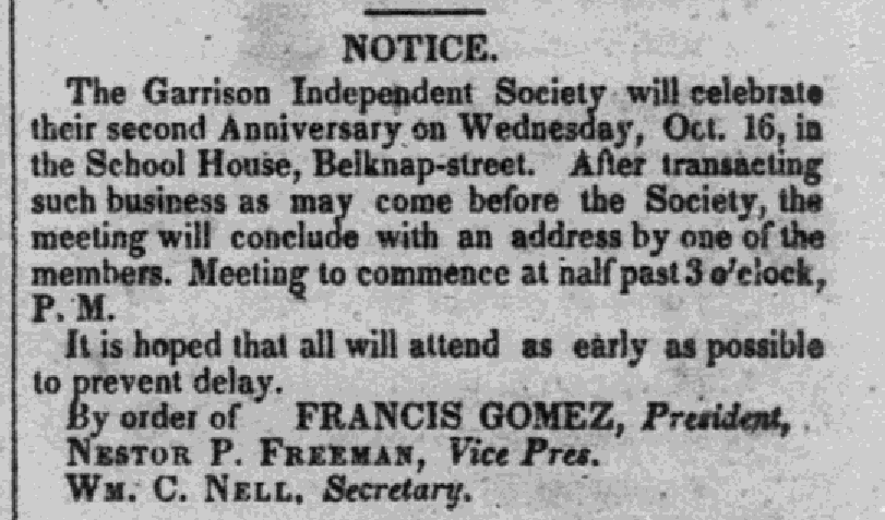 "Notice" from The Liberator A "Notice" in the newspaper The Liberator from October 1833.