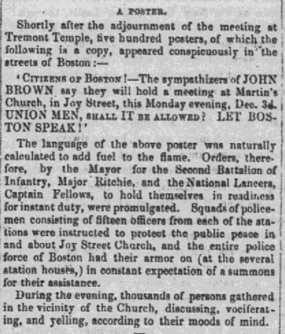 Liberator 12/7 1860 article from the Liberator discussing a poster hung around Boston.