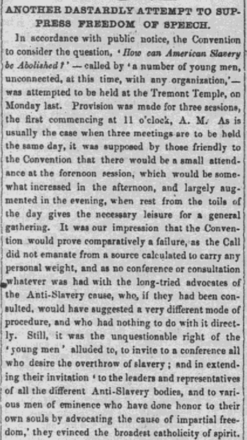 Liberator_1860-12-07 The Liberator article, titled another dastardly attempt to suppress freedom of speech