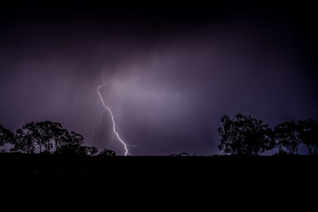 Lightning bolt in a dark sky.