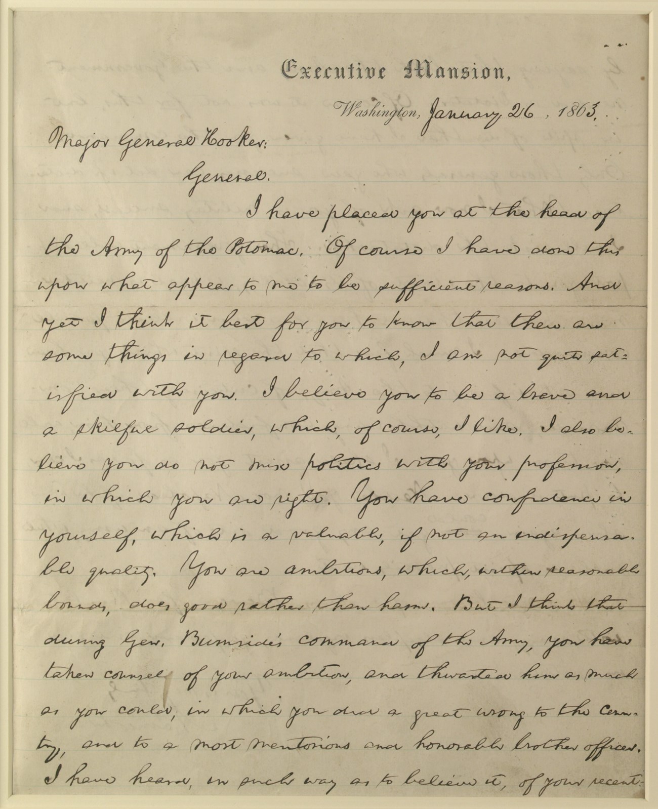 A digitized version of handwritten letter from Lincoln to Hooker.