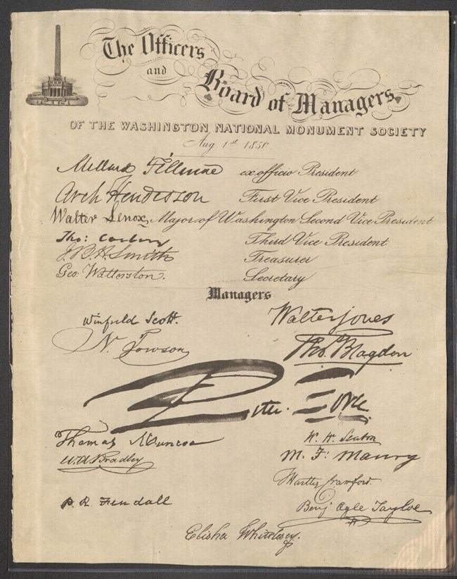 Lithograph Washington National Monument Society Lithograph, titled “The Officers and Board of Managers of the Washington National Monument Society,” containing the printed signatures of nineteen men who led the Society as of August 1, 1850
