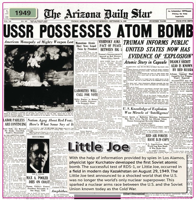 Little Joe A large, black headline in all capital letters reads, “USSR Possesses Atom Bomb.”