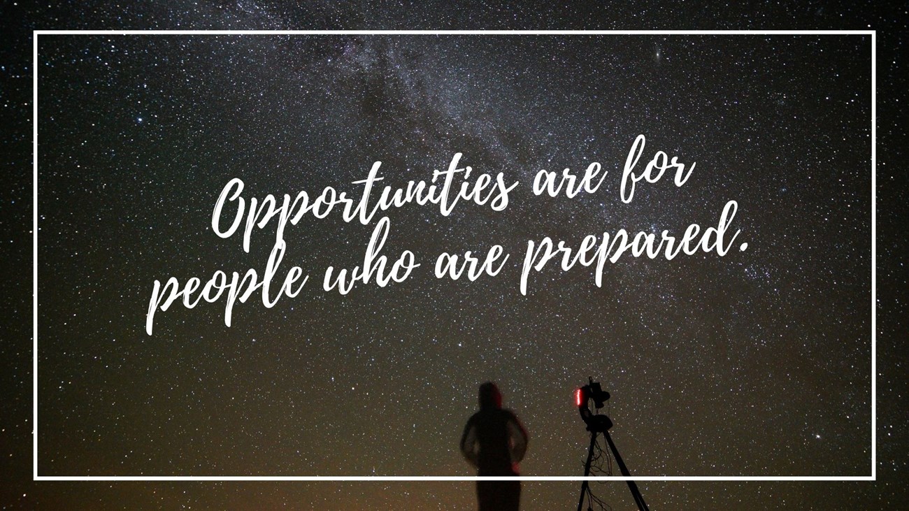 Liweifavquote night sky photo with text that reads Opportunities are for people who are prepared.
