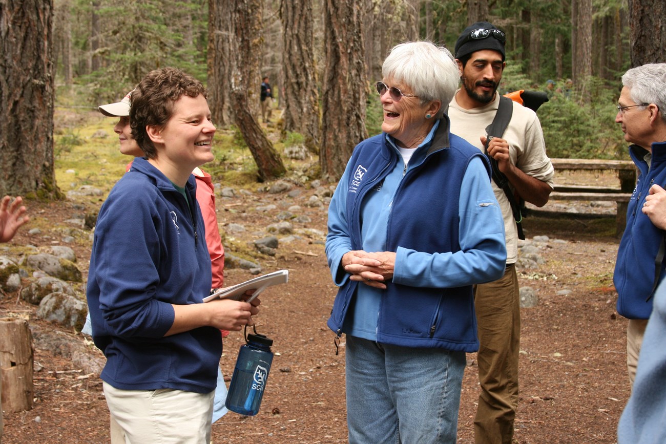 Several people stand around a forest clearing talking