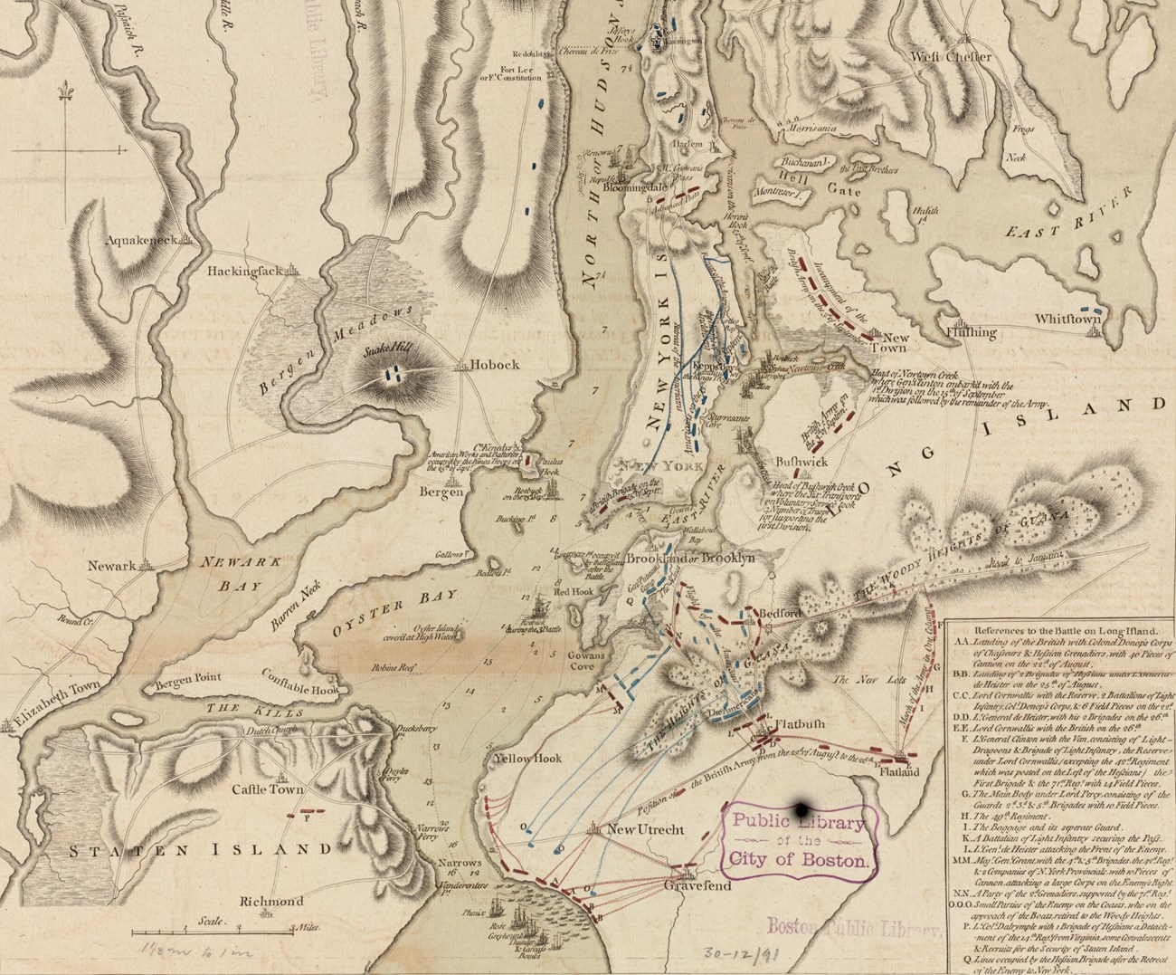 Battle of Long Island Historic map showing armies and ships on New York Harbor, Long Island, and Manhattan
