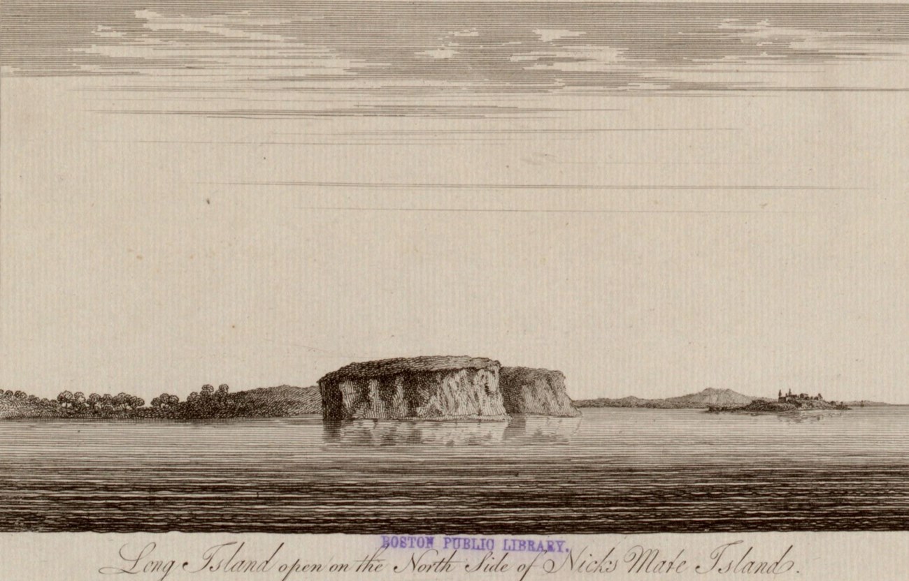 historical etching of an island with some hills and a big bluff