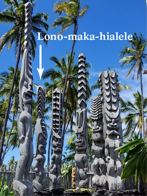 Lono-maka-hialele A semi-circle of intricately carved kiʻi images at Hale o Keawe with an arrow pointing to the second image in the circle (from left side), text reads "Lono-maka-hialele"