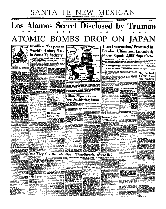 Newspaper cover, August 1945 reads "Los Alamos Secret Disclosed by Truman"