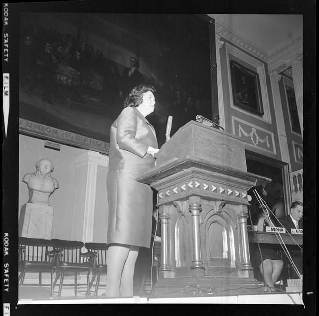 Louise Day Hicks at Faneuil Hall Digital Commonwealth Black and white photo of Louise Day Hicks standing on the stage of Faneuil Hall
