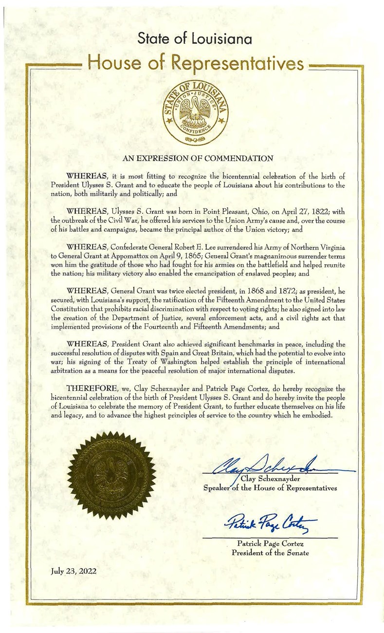 Message from Louisiana honoring Ulysses S Grant's 200th Birthday. State seal is attached in gold in the bottom left and printed in the top center of the page.