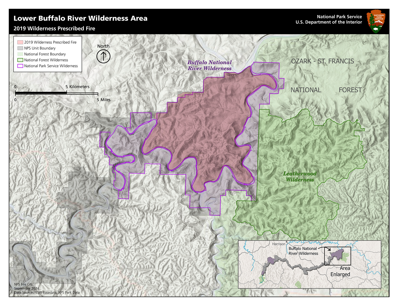 Lower Buffalo River Map zoomed in to the Lower Buffalo Wilderness Area, just west of Ozark-St. Francis National Forest, showing perimeters of the NPS Unit Boundary and NPS Wilderness, National Forest Boundary and Wilderness, and a 2019 Wilderness Prescribed Fire area.