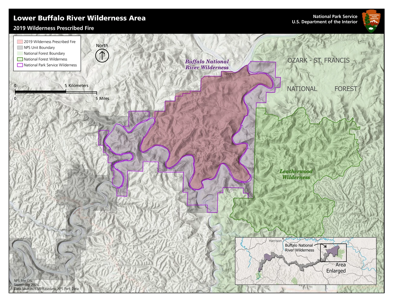Lower Buffalo River Map zoomed in to the Lower Buffalo Wilderness Area, just west of Ozark-St. Francis National Forest, showing perimeters of the NPS Unit Boundary and NPS Wilderness, National Forest Boundary and Wilderness, and a 2019 Wilderness Prescribed Fire area.