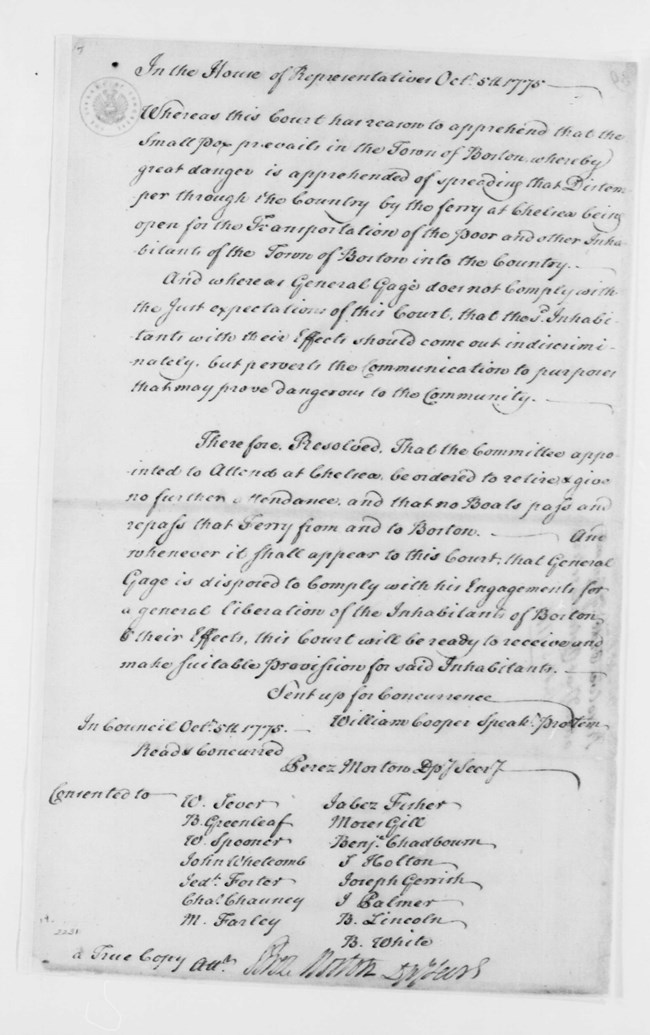 Document from the MA House about Smallpox and Inoculation