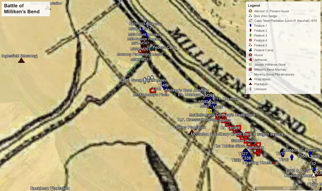 Map showing location of initial burials in the area of the Milliken’s Bend Battlefield. Map of the Milliken's Bend battlefield showing key features, locations and burial areas.