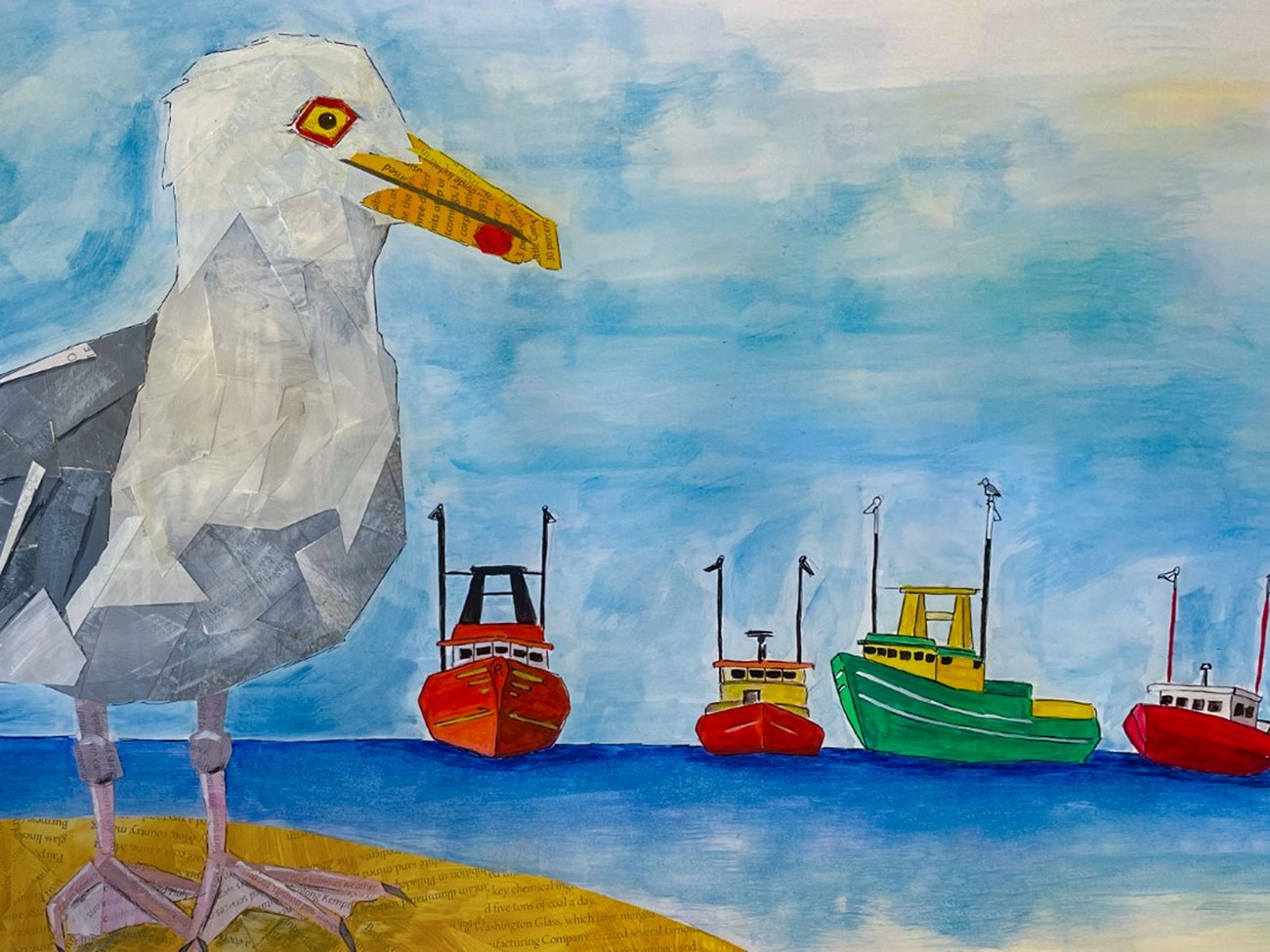 And Then...Glen! by Margo Connolly-Masson features a collage-style seagull on a sandy beach, holding text pieces in its beak. In the background, colorful fishing boats float on a calm sea under a cloudy sky.