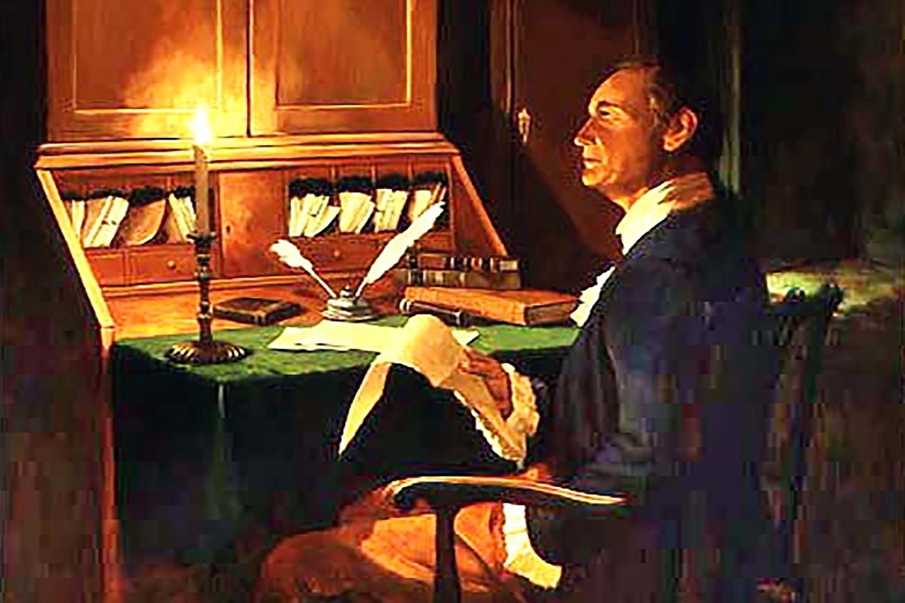 Painting of Thomas Stone at a desk in the East Room of the Mansion
