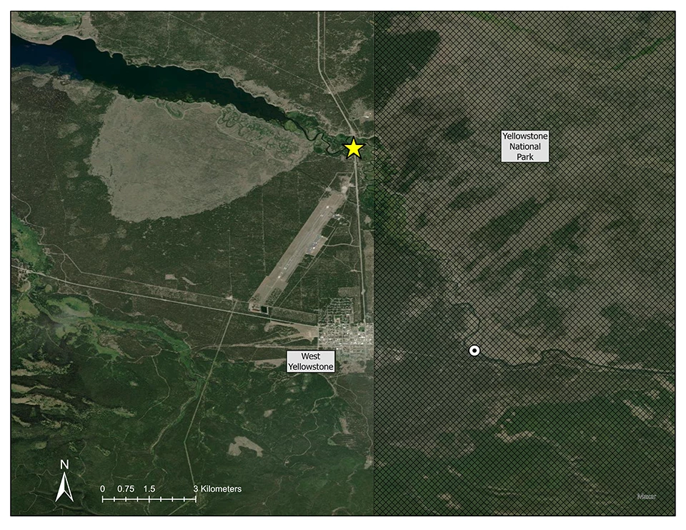 Overview of Madison River monitoring location A map showing the Madison River monitoring location near West Yellowstone, MT, 4.5 miles downstream from the USGS gaging station outside Yellowstone National Park boundary.
