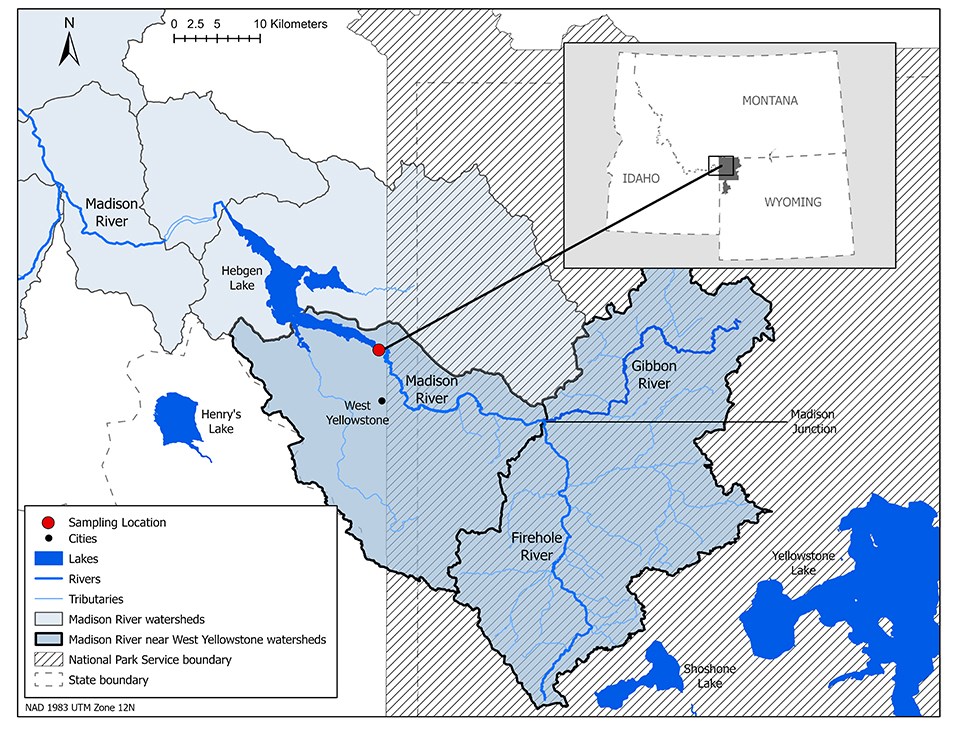 Map of the Madison River watershed boundary and sampling location