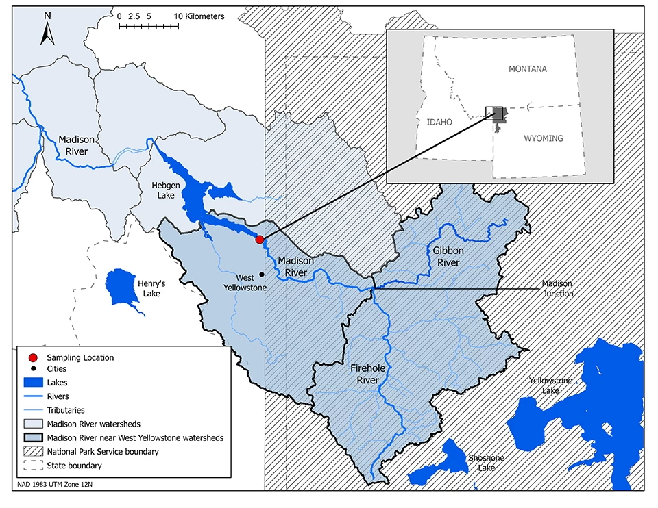 Map of Madison river and the monitoring site Map of the Madison River watershed boundary and sampling location