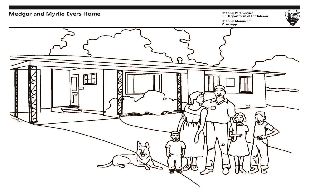 Line illustration of Evers family standing in driveway with house in the background and German shepherd dog laying in the yard