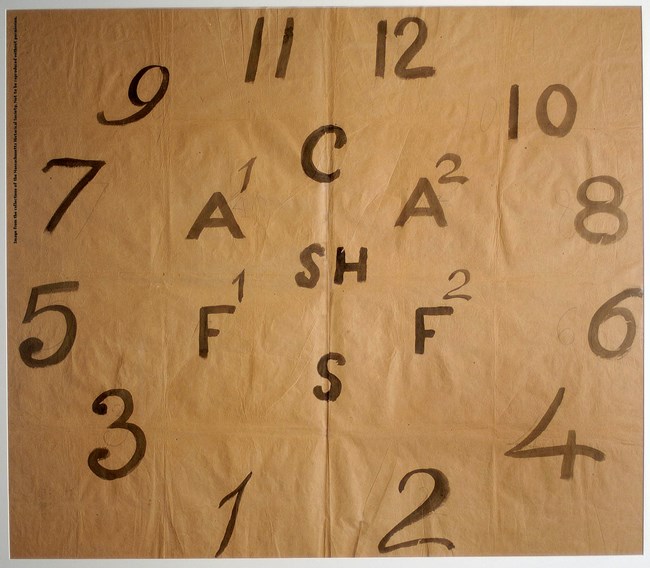 Dark Brown piece of parchment with the letters SH in the center, surround by a circle of 6 letters, which is surround by a circle of numbers 1-12.