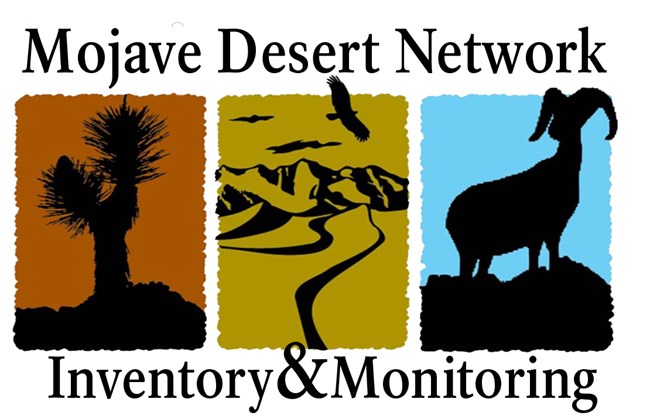 Mojave Desert Network logo Logo includes black silhouette images of a Joshua tree, a desert landscape and a bighorn ship on orange, gold, and blue backgrounds, respeictively.
