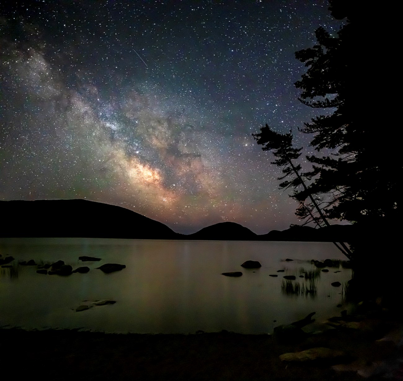 Night sky image with Milky Way in distance, a silhouette of mountains and lake reflections in middle distance, and silhouette of a leaning tree in foreground