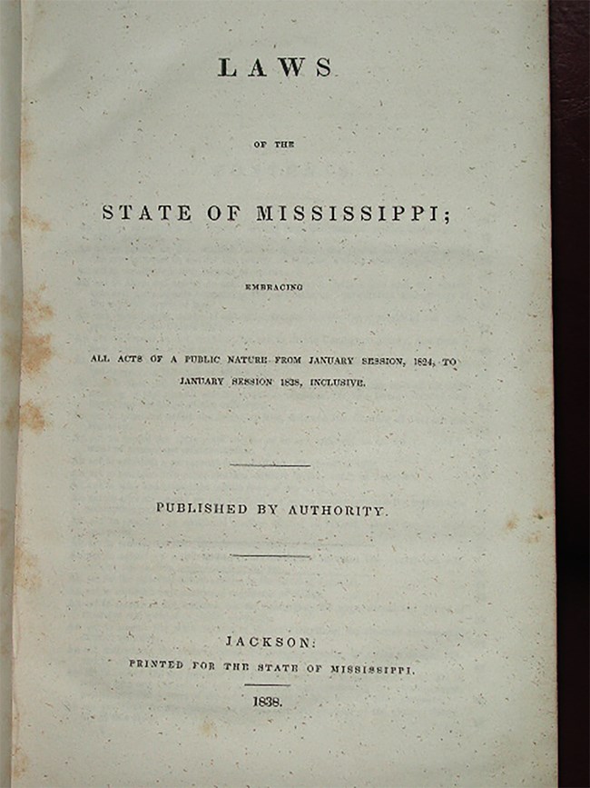 Mississippi law book for Betsy Love Allen article A front page of an old book with the text: Laws of the State of Mississippi, 1838