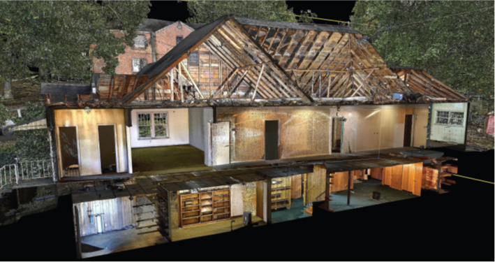 MLK Jr Life House Atlanta Color image of an assembled point cloud showing a section through the basement, main floor and attic of the house.