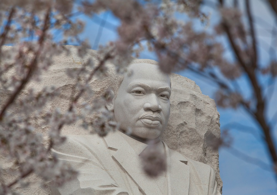 a closeup photo of the MLK monument, trees cover the foreground.