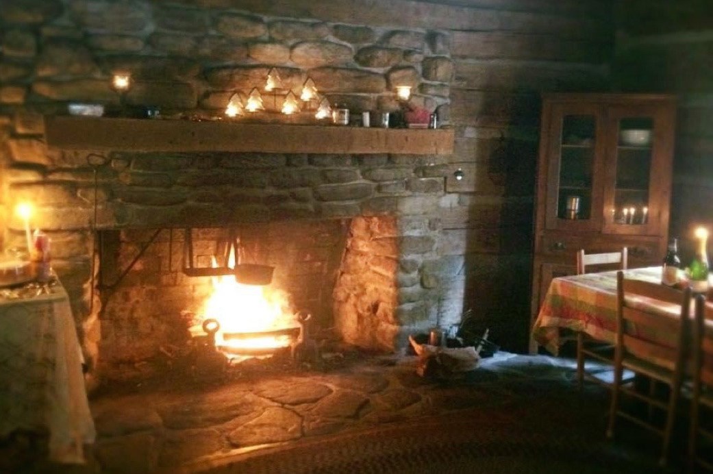Fireplace with fire burning
