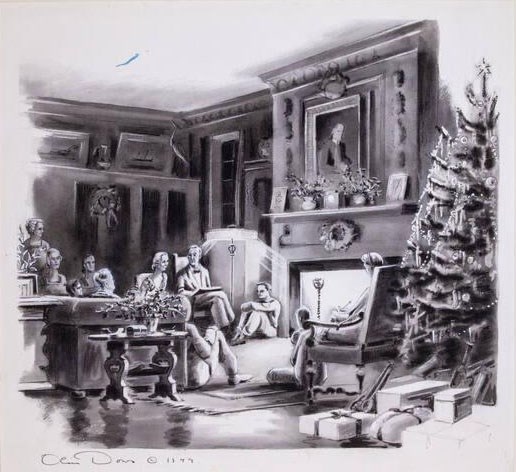 A pencil drawing of the Roosevelt family gathered by fireside while FDR reads a book.