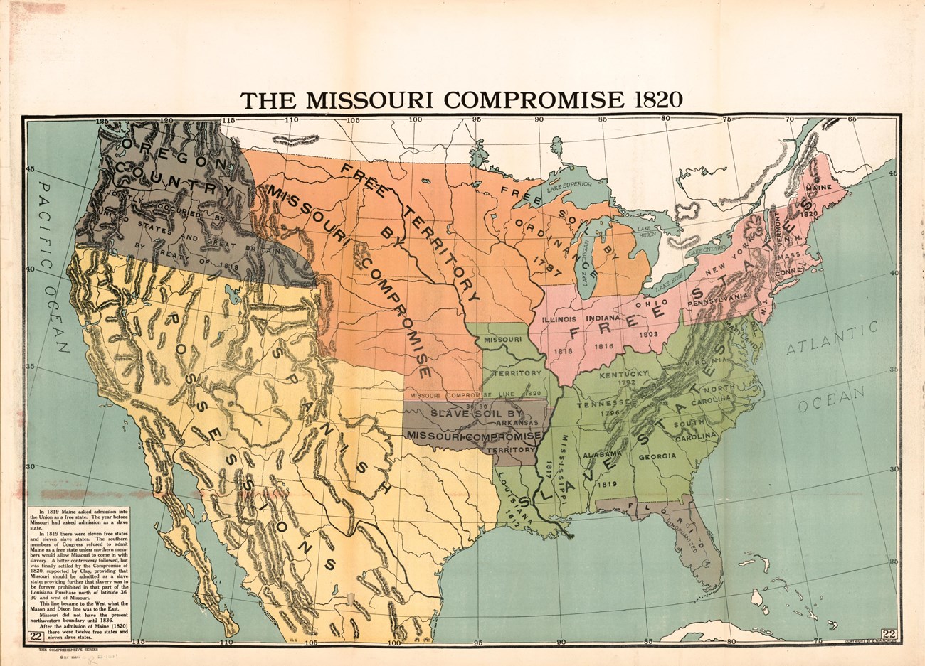 Map entitled "The Missouri Compromise 1820" showing Missouri's admittance as a slave state into the Union.